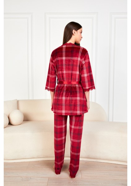 Bordo Ekose Soft Kadife Truvakar Kol Ip Askılı Pantolon 3lü Pijama Takım fırsatları