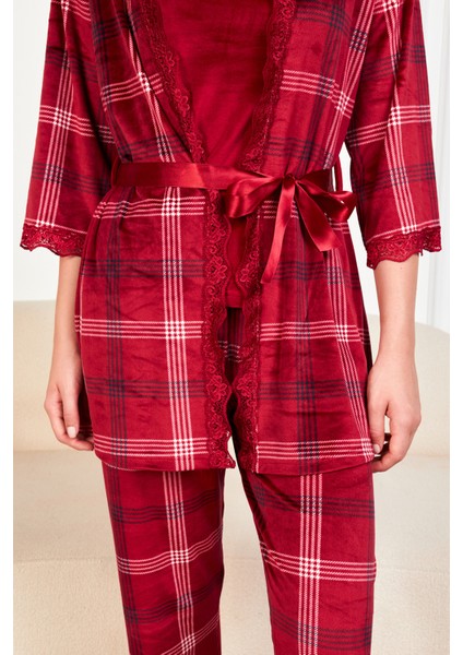 Bordo Ekose Soft Kadife Truvakar Kol Ip Askılı Pantolon 3lü Pijama Takım indirimleri