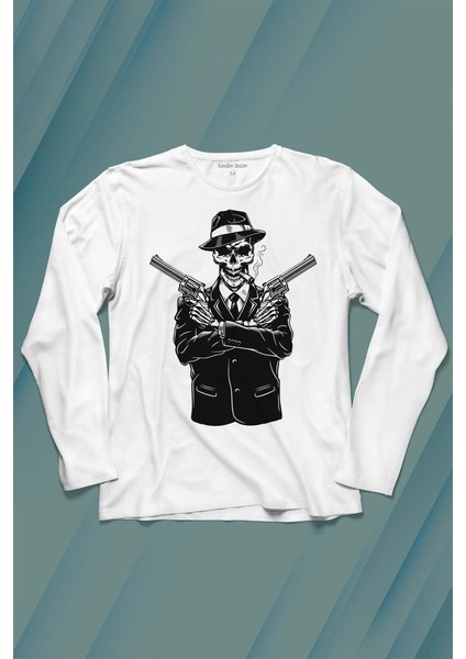 Skeleton Gangster Revolvers Suit Tabanca Uzun Kollu Tişört