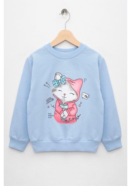 Kız Çocuk Mavi Renkli Uzun Kollu Kedi Baskılı Sweatshirt