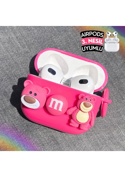 3. Nesil Uyumlu Lotso Ayıcık Kulaklık Kılıfı, Darbe Emici Strawberry Bear Premium Silikon Kılıf
