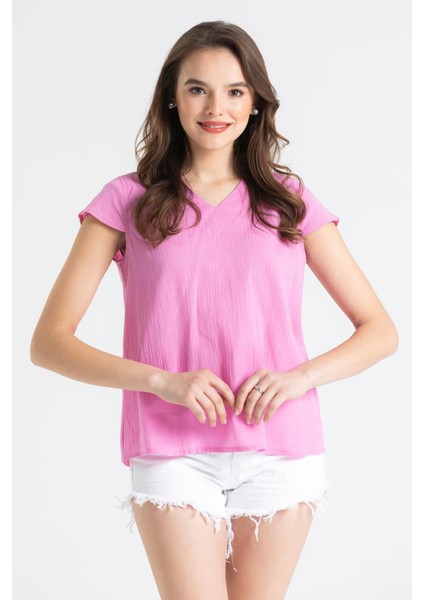 Kısa Kol Şile Bezi Ecem Yazlık Bluz Pembe Pmb