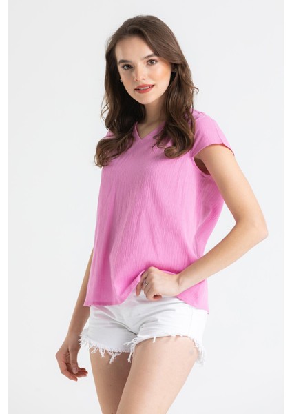 Kısa Kol Şile Bezi Ecem Yazlık Bluz Pembe Pmb