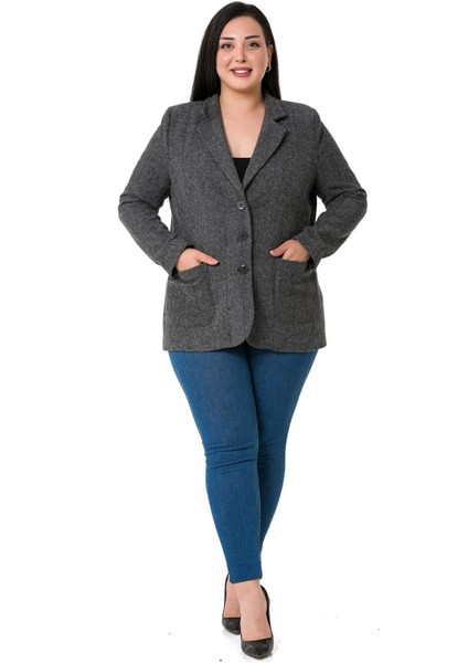 Büyük Beden Cepli Balıksırtı Blazer Astarlı Gri Ceket