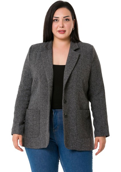 Büyük Beden Cepli Balıksırtı Blazer Astarlı Gri Ceket