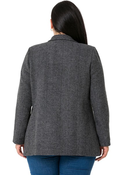 Büyük Beden Cepli Balıksırtı Blazer Astarlı Gri Ceket