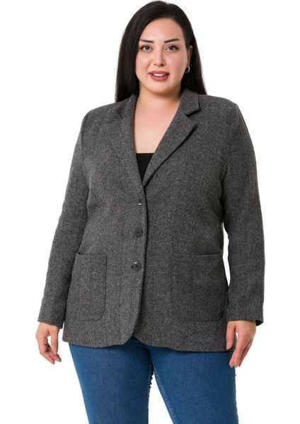 Büyük Beden Cepli Balıksırtı Blazer Astarlı Gri Ceket