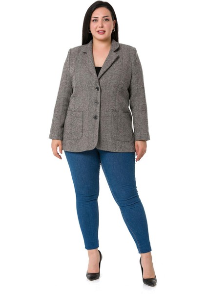 Büyük Beden Cepli Balıksırtı Blazer Astarlı Vizon Ceket