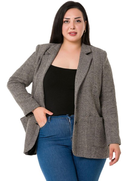 Büyük Beden Cepli Balıksırtı Blazer Astarlı Vizon Ceket