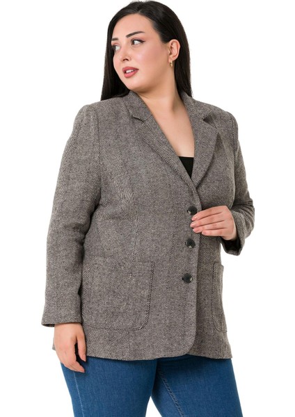 Büyük Beden Cepli Balıksırtı Blazer Astarlı Vizon Ceket