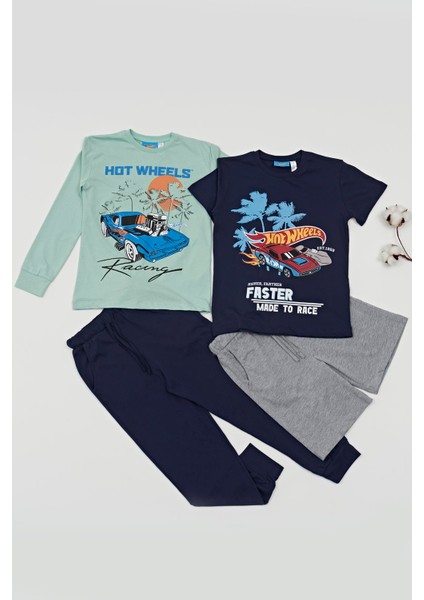 4'lü Hot Wheels Baskılı Tshirt Şort Pantolon Takım