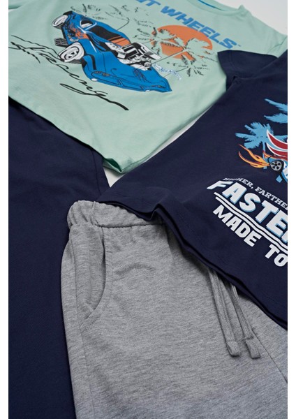 4'lü Hot Wheels Baskılı Tshirt Şort Pantolon Takım