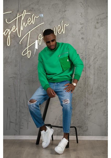 Oversize 3 Iplik Bisiklet Yaka Torba Cepli Içi Polarlı Basic Sweatshirt