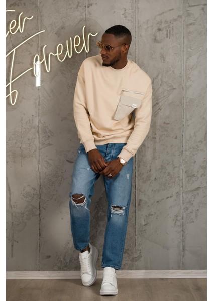 Oversize 3 Iplik Bisiklet Yaka Torba Cepli Içi Polarlı Basic Sweatshirt