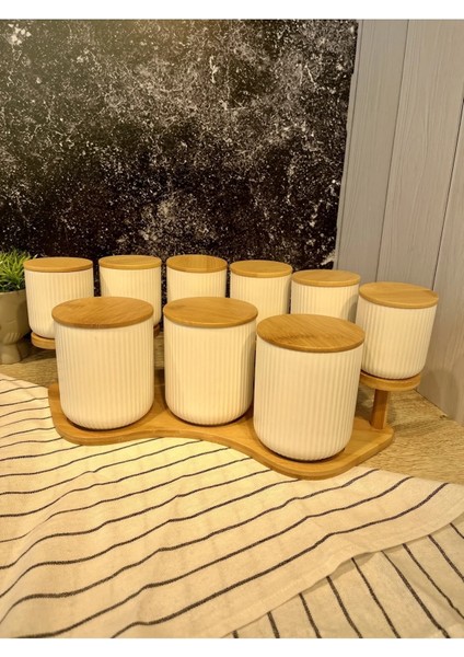 Bambu Standlı Vakum Kapaklı Porselen Baharat Takımı