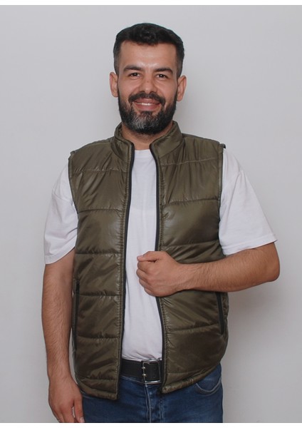 R&B Tasarım Haki Şerit Desenli Slimfit Kapitone Şişme Yelek