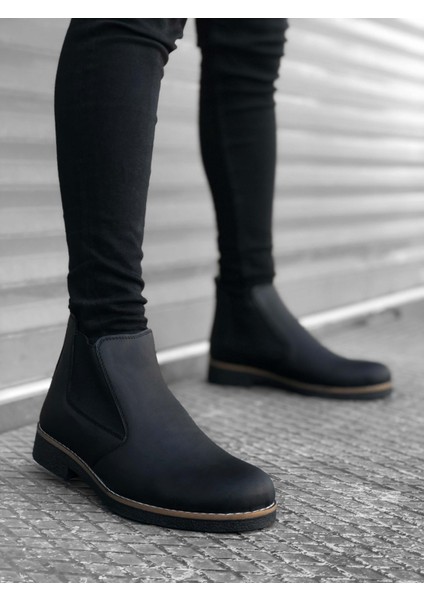 BA0058 Chelsea Bağcıksız Lastikli Cilt Siyah Erkek Yarım Bilek Bot