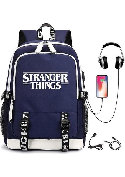 Stranger Things Sırt USB Şarj Edilebilir Sırt Öğrenci Okul Çantası (Yurt Dışından)