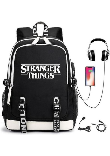 Stranger Things Sırt USB Şarj Edilebilir Sırt Öğrenci Okul Çantası (Yurt Dışından)