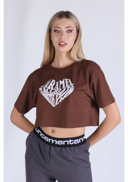 5164 Caramel Baskı Crop Tshirt Kahve