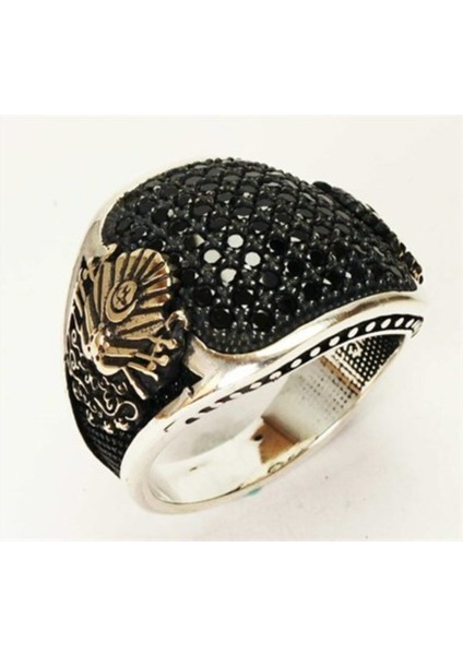 Vog Siyah Mikro Zirkon Taşlı Osmanlı Armalı 925 Ayar Erkek Gümüş Yüzük