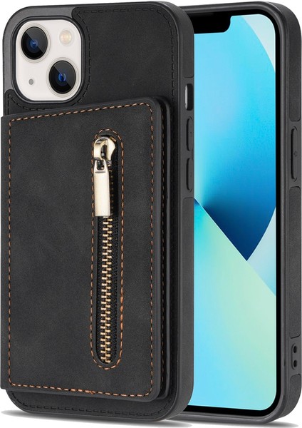 Apple iPhone 14 Telefon Kasası 6.1 Inç Pu Deri Kaplamalı Tpu Telefon Kılıfı Kickstand Anti-Cratch Arka Kapak Zipper Cep Kartı Tutucu-Black (Yurt Dışından)