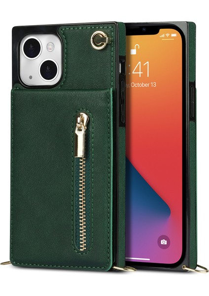 Apple iPhone 13 Telefon Kasası Pu Deri Kickstand Telefon Kabuğu Anti-Düşme Omuz Çantası Fermuarlı Cüzdan Çantası Omuz Kayışı ile 6.1 Inç-Yeşil (Yurt Dışından)