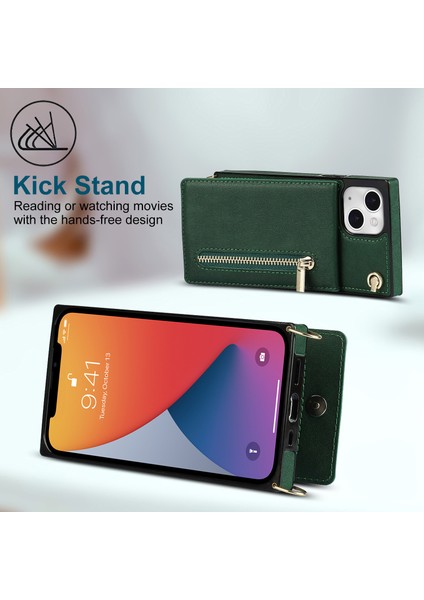 Apple iPhone 13 Telefon Kasası Pu Deri Kickstand Telefon Kabuğu Anti-Düşme Omuz Çantası Fermuarlı Cüzdan Çantası Omuz Kayışı ile 6.1 Inç-Yeşil (Yurt Dışından) fırsatları