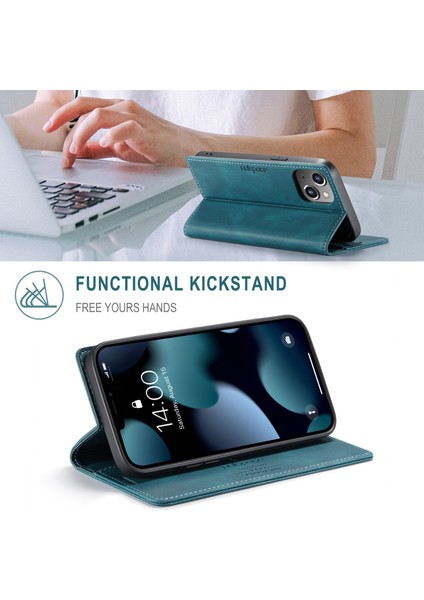 Rfıd Engelleme Retro Mat Otomatik Absorbed Deri Cüzdan Stand Telefon Kapağı Apple iPhone 13 6.1 Inç-Mavi (Yurt Dışından)