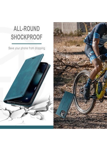 Rfıd Engelleme Retro Mat Otomatik Absorbed Deri Cüzdan Stand Telefon Kapağı Apple iPhone 13 6.1 Inç-Mavi (Yurt Dışından)