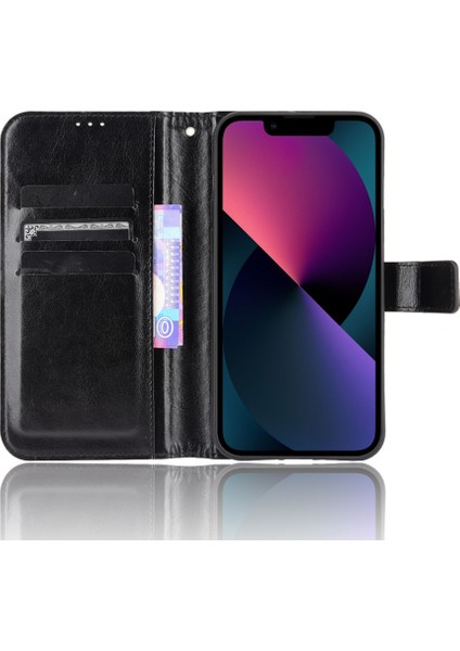 Apple iPhone 13 Telefon Kasası Anti-Fall Şok Geçirmez Bilek Kayışı Çılgın At Doku Cüzdan Tasarımı Deri Telefon Kapağı Stand 6.1 Inç-Siyah (Yurt Dışından) modelleri