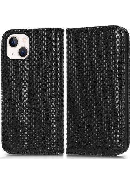 Apple iPhone 13 Telefon Kasası 6.1 Inç Anti-Çizik Pu Deri Standı Kasa Izgara Dokusu Manyetik Otomatik Emici Anti-Damla Telefon Cüzdanı Kabuk-Siyah (Yurt Dışından)