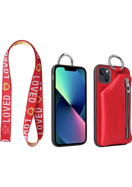 Apple iPhone 13 Telefon Kasası 6.1 Inç Çıkarılabilir Cüzdan Pu Deri Kaplı Tpu Telefon Kasası Fermuar Cep Koruyucu Kapak, Kordon-Kırmızı ile (Yurt Dışından)