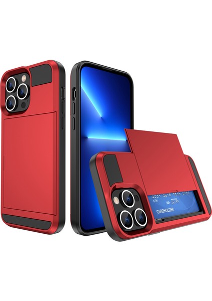 Apple iPhone 14 Telefon Kasası Için 6.1 Inç Düşmüş Telefon Kasası Pc+Tpu Hibrit Kabuklu Kayan Kapak Tasarım Kartı Yuvası-Kırmızı (Yurt Dışından)