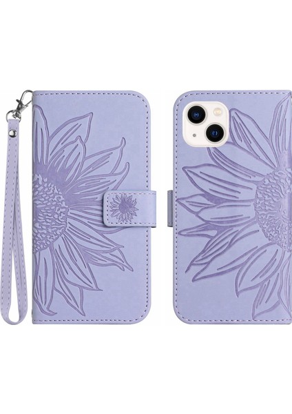 Apple iPhone 13 Telefon Kasası Için Flip Telefon Kasası 6.1 Inç HT04 Baskılı Ayçiçeği Stand Pu Deri Deri Touch Manyetik Cüzdan Kapağı Strap-Light Mor ile (Yurt Dışından)