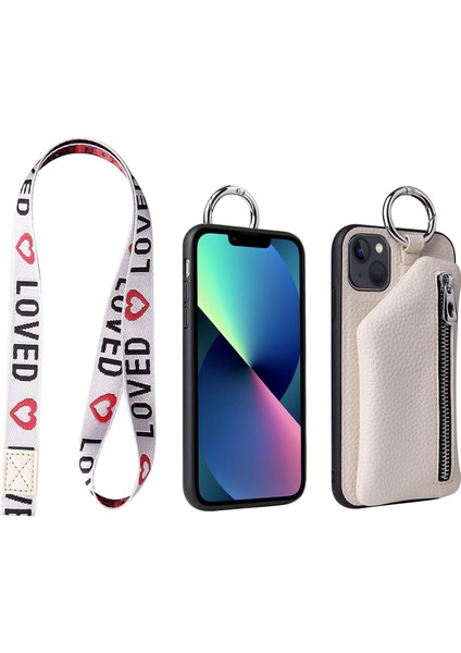 Apple iPhone 13 Telefon Kasası 6.1 Inç Çıkarılabilir Cüzdan Pu Deri Kaplı Tpu Telefon Kasası Fermuar Cep Koruyucu Kapak, Kordon-Beyaz ile (Yurt Dışından)