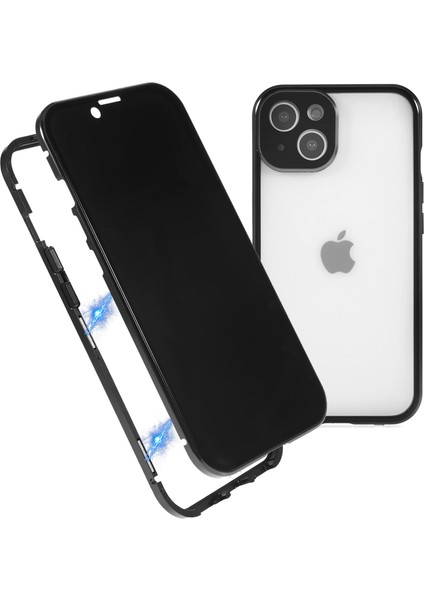 Apple iPhone 13 Telefon Kasası 6.1 Inç Düz Kenar Önleyici Manyetik Kasa Çift Taraflı Temperli Cam Arka Buzlu Manyetik Adsorpsiyon Metal Çerçeve, Güvenlik Kilit-Siyah ile Kapak (Yurt Dışından)