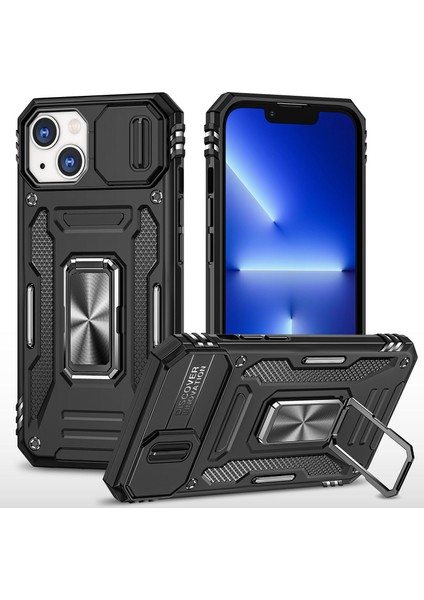 Apple iPhone 13 Telefon Kasası 6.1 Inç Halka Kickstand Anti-Fall Vaka Slayt Kamera Kapağı Pc+Tpu Cep Telefonu Koruyucu Kapak Black (Yurt Dışından)