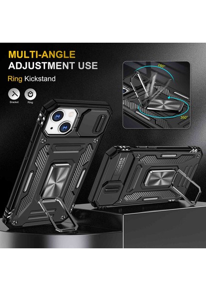 Apple iPhone 13 Telefon Kasası 6.1 Inç Halka Kickstand Anti-Fall Vaka Slayt Kamera Kapağı Pc+Tpu Cep Telefonu Koruyucu Kapak Black (Yurt Dışından) fırsatları