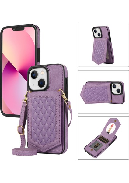Apple iPhone 13 Telefon Kasası 6.1 Inç Baskılı Rhombus Makyaj Aynası Kickstand Case Pu Deri Kaplamalı Tpu Kart Yuvası Rfıd Engelleme Telefon Kapağı Omuz Kayışı Doğru (Yurt Dışından)