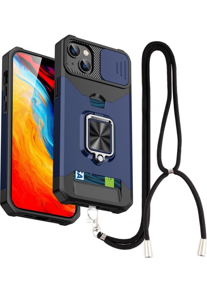 Apple iPhone 13 Telefon Kasası 6.1 Inç Kart Sahibi Telefon Kabuğu Sabit Pc+Tpu Kickstand Telefon Kasası Kayış ve Slayt Kamera Örtü Mavisi (Yurt Dışından)