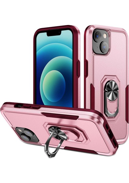 Apple iPhone 14 6.1 Inç Yüzük Kickstand Telefon Damla Geçirmez Kılıf Pc+Tpu Hibrid Geri Kapak Pembe Gül Kırmızı (Yurt Dışından)
