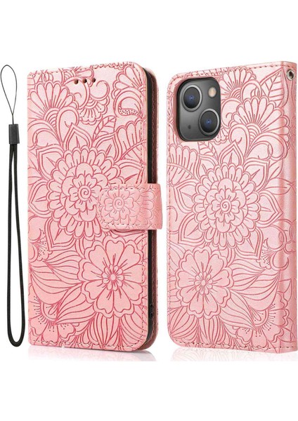 Apple iPhone 13 Telefon Kasası Tam Koruma Telefon Kasası 6.1 Inç Baskılı Çiçek Deseni Pu Deri Standı Çizik Dirençli Flip Cüzdan Kapağı Kayış-Pembe (Yurt Dışından)
