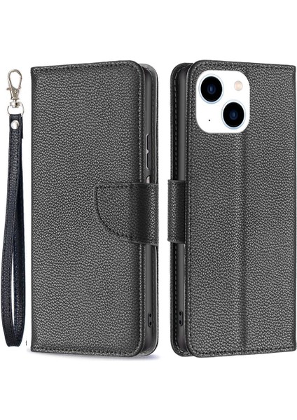 Apple iPhone 14 Telefon Kasası 6.1 Inç Aşınma Dirençli Anti-Güz Renkli Litchi Doku Pu Deri Tam Kaplama Cep Telefonu Kılıfı Stand Walle Walle ile Kayış-Siyah (Yurt Dışından)
