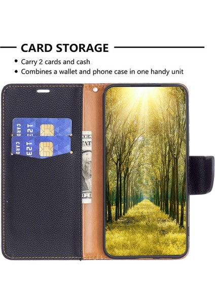 Apple iPhone 14 Telefon Kasası 6.1 Inç Aşınma Dirençli Anti-Güz Renkli Litchi Doku Pu Deri Tam Kaplama Cep Telefonu Kılıfı Stand Walle Walle ile Kayış-Siyah (Yurt Dışından)