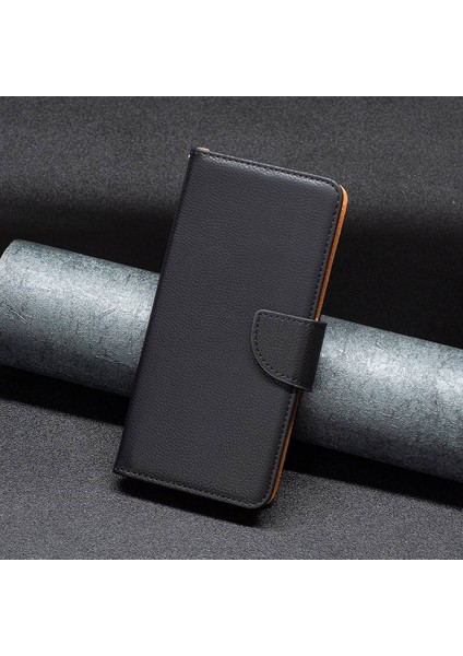 Apple iPhone 14 Telefon Kasası 6.1 Inç Aşınma Dirençli Anti-Güz Renkli Litchi Doku Pu Deri Tam Kaplama Cep Telefonu Kılıfı Stand Walle Walle ile Kayış-Siyah (Yurt Dışından)