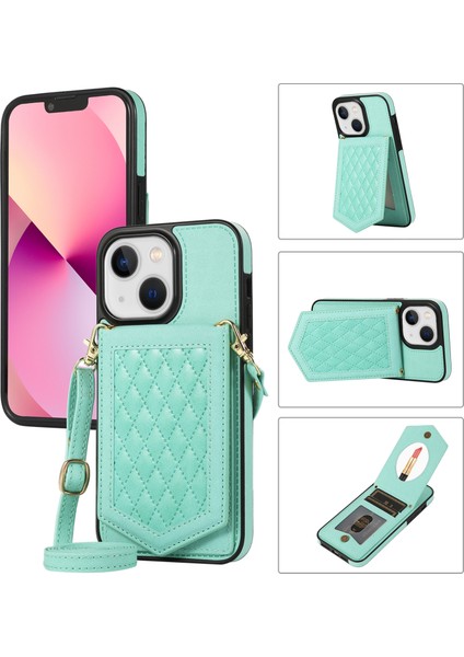 Apple iPhone 13 Telefon Kasası 6.1 Inç Baskılı Rhombus Makyaj Aynası Kickstand Case Pu Deri Kaplamalı Tpu Kart Yuvası Rfıd Engelleme Telefon Kapağı Omuz Kayış Işık Yeşil (Yurt Dışından)