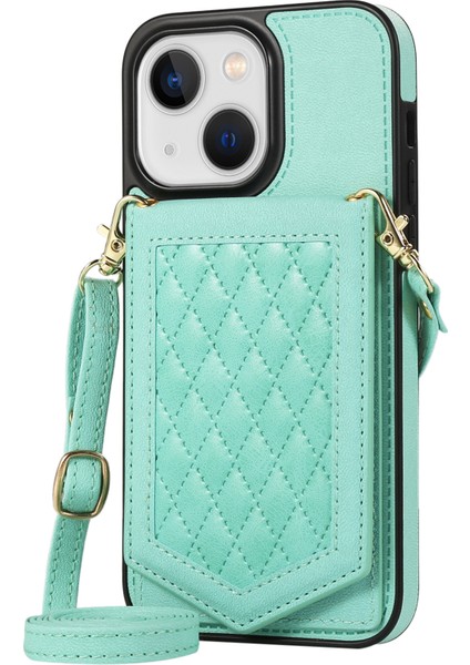 Apple iPhone 13 Telefon Kasası 6.1 Inç Baskılı Rhombus Makyaj Aynası Kickstand Case Pu Deri Kaplamalı Tpu Kart Yuvası Rfıd Engelleme Telefon Kapağı Omuz Kayış Işık Yeşil (Yurt Dışından) fiyatları