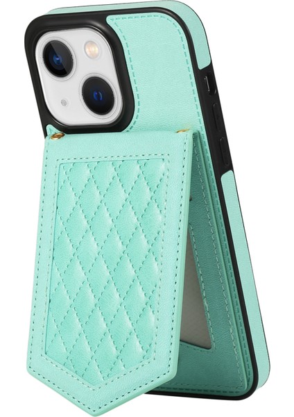 Apple iPhone 13 Telefon Kasası 6.1 Inç Baskılı Rhombus Makyaj Aynası Kickstand Case Pu Deri Kaplamalı Tpu Kart Yuvası Rfıd Engelleme Telefon Kapağı Omuz Kayış Işık Yeşil (Yurt Dışından) modelleri