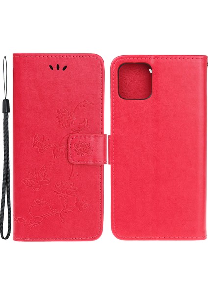 Kelebek Çiçek Pu Deri Cüzdan Kabuklu Stant Çantası, Apple iPhone 13-Kırmızı Için Kayışlı (Yurt Dışından)